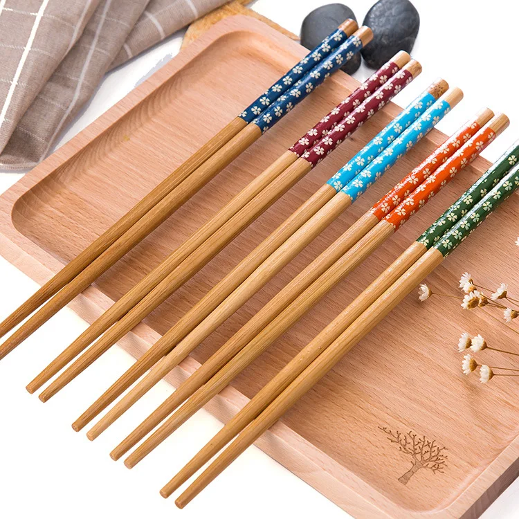 

High Quality Environmental Personalized Cherry Pattern Bamboo Reusable Wooden Chopsticks, Red, blue, green, light blue, orange