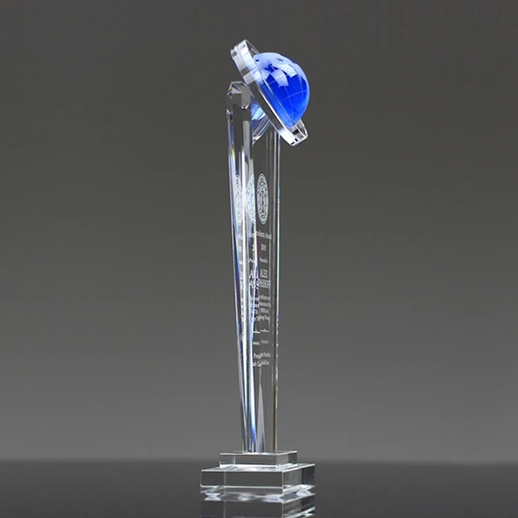 
blue earth awards crystal globe trophies with Custom Logo 