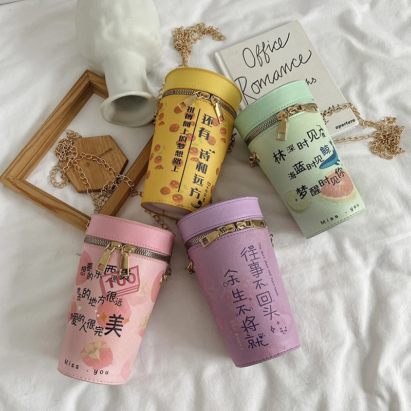 

Mini cylinder barrel bucket shaped shoulder bag custom print pu leather gold zipper chain purse handbag for women