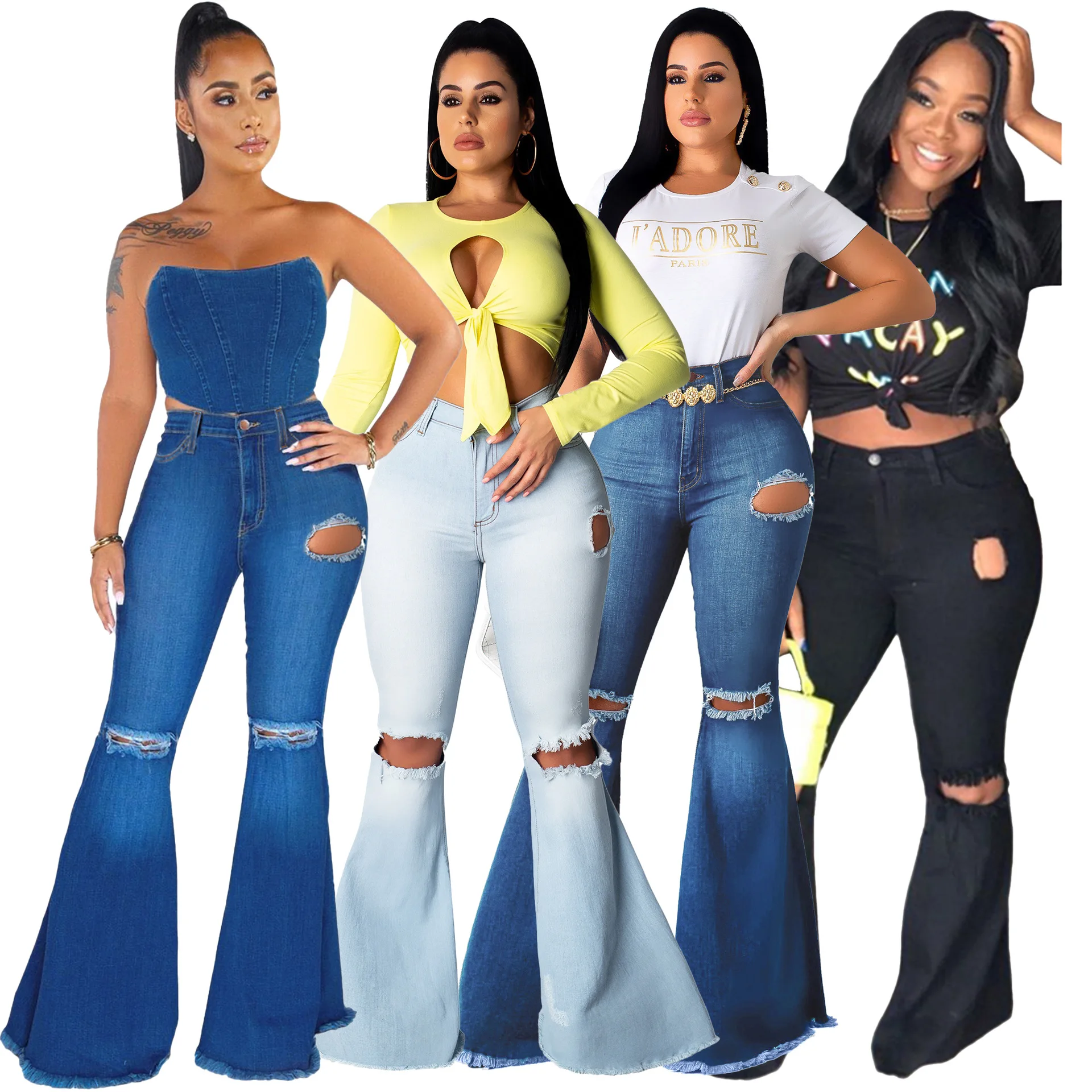 

2021 Women Fashion High Waist Flare Stretch Plus Size Pant Ripped Denim Jeans Women