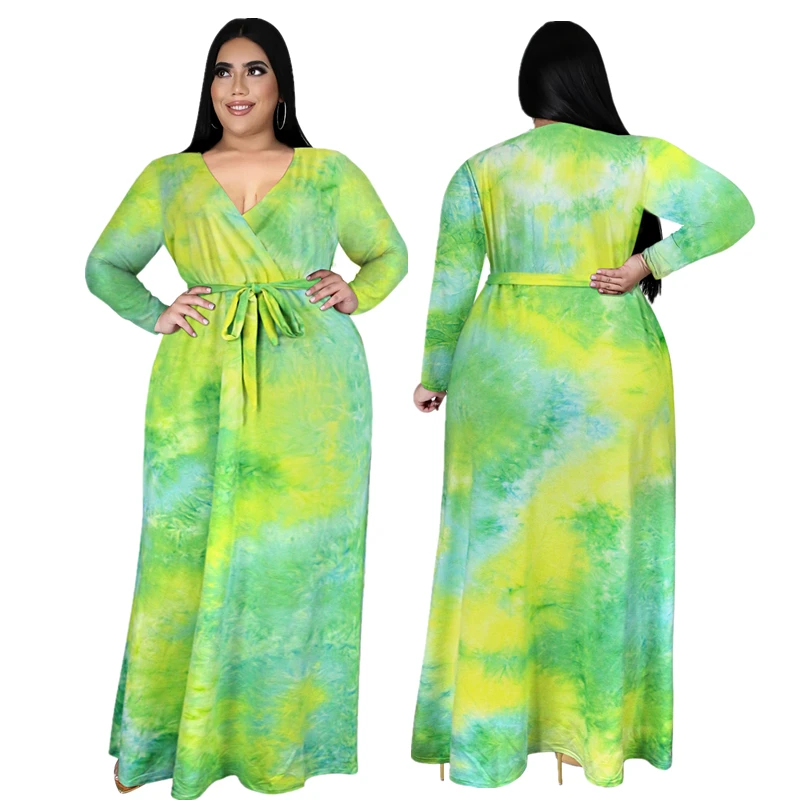 

2021 Autumn And Winter Tie Dye V-neck Casual Women Clothing Maxi Dresses Skirts Plus Size Dress 3XL 4XL 5XL, 15 colors