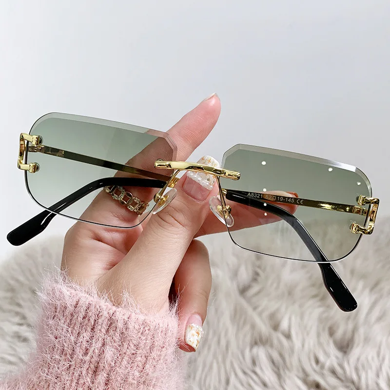 

HBK 2023 Rimless Sunglasses Rectangle Fashion Popular Women Small Square Sun Glasses For Summer Traveling Sunshades Men