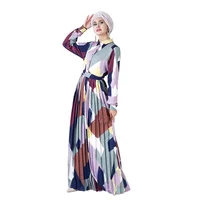 

2020 New Design Geometric Print Organ Pleated Long Abaya Muslim Women Dress