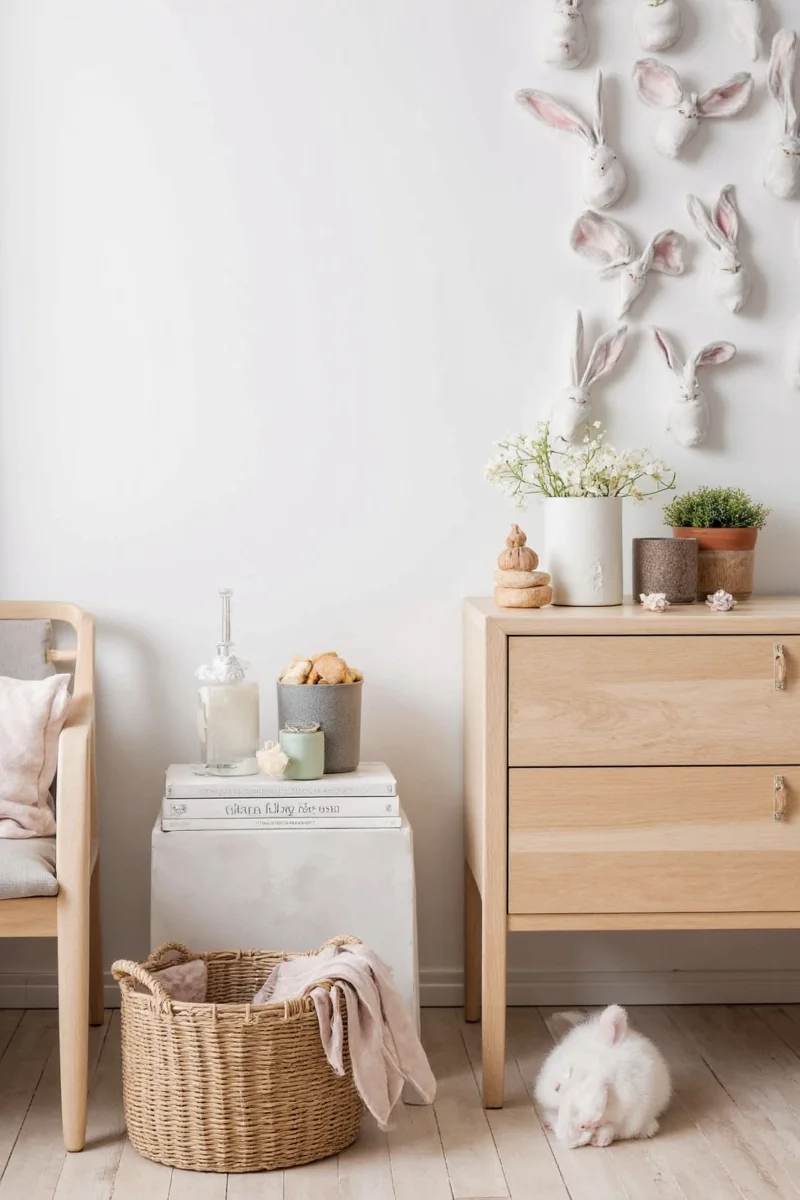 A living room with bunny-safe furniture, chew-proof rugs, and a hidden litter box disguised as a side table.