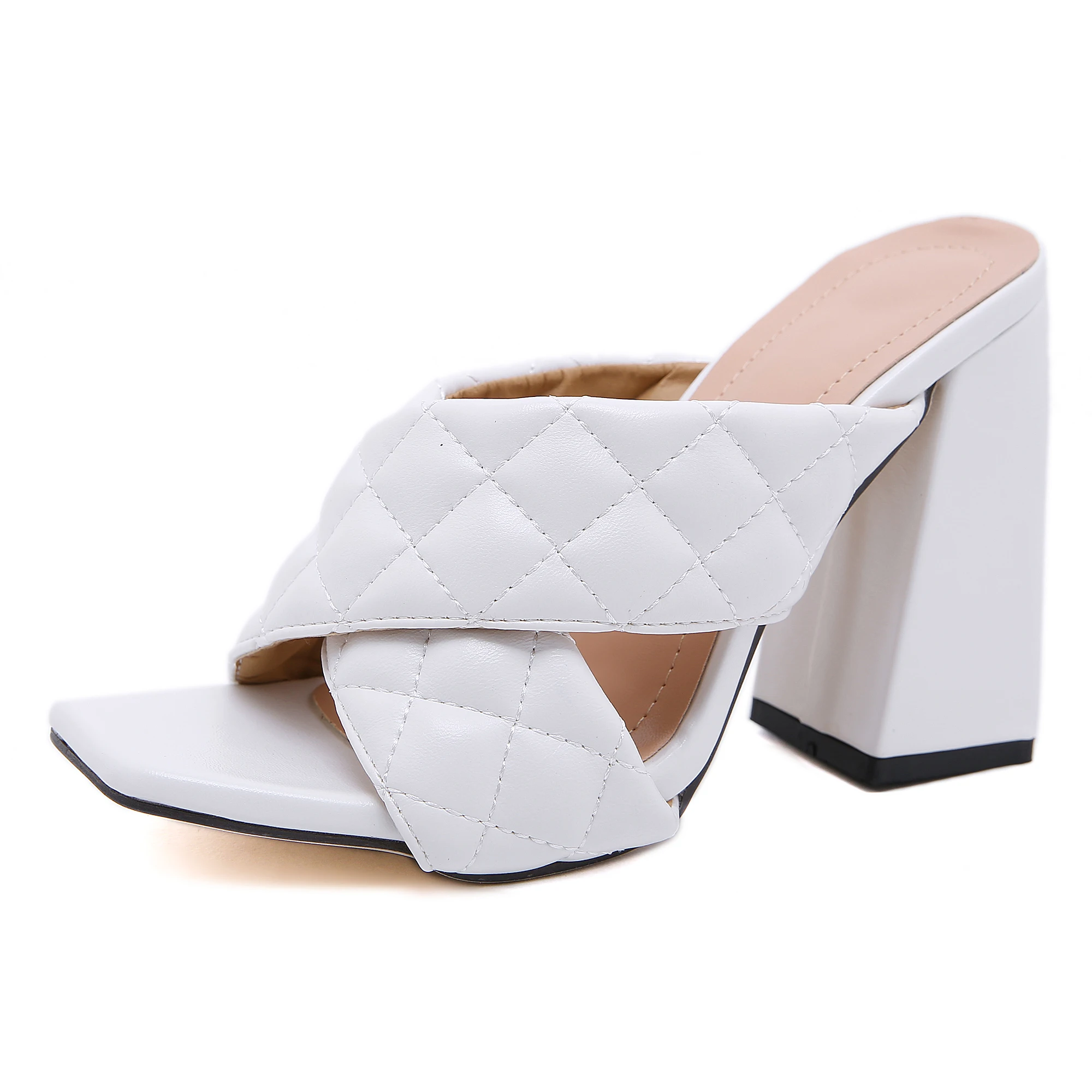 

100763 ISEEYOUFIRST shoes women New Style Square Head Plaid Thick Heel Cross Sandals High Heels White Black Pink, Black white pink