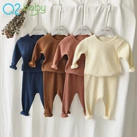 

Fashion solid color cotton pit home service suit baby two piece set clothing knitted sets layette 2419