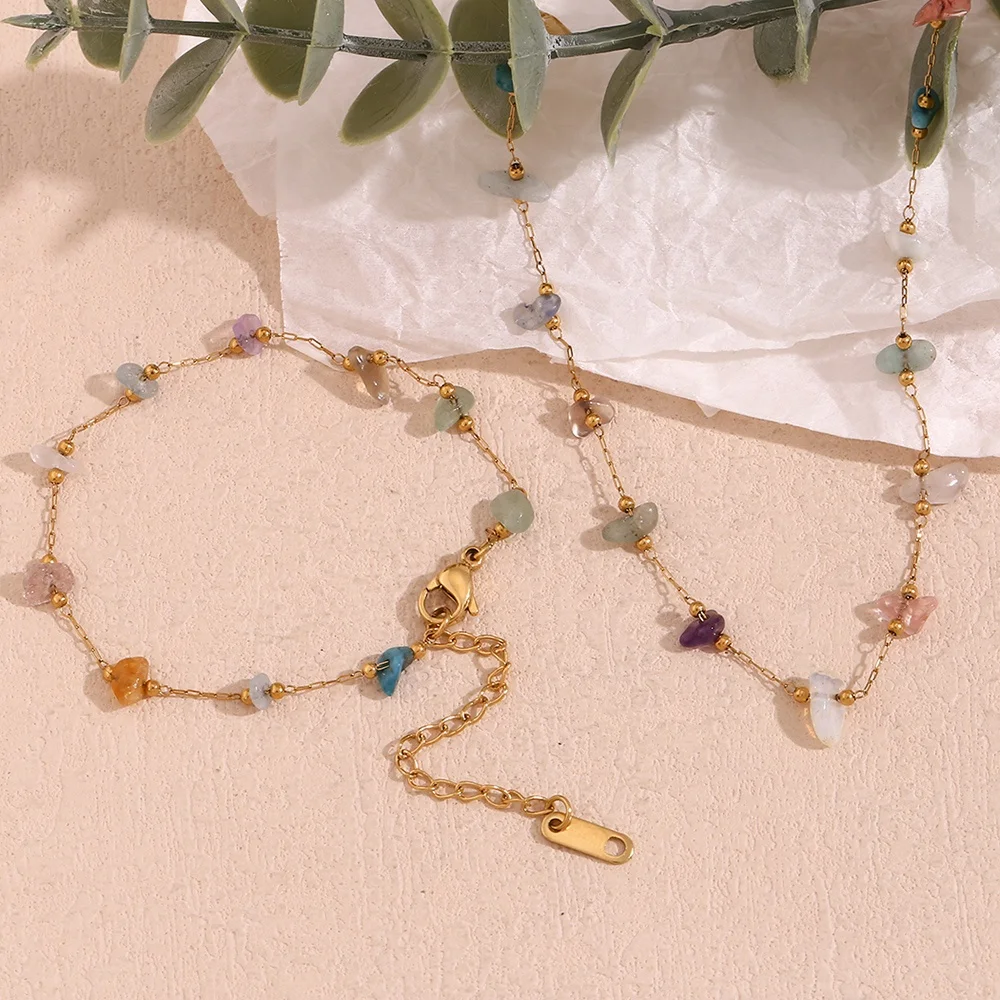 

Colorful Natural Stone Choker Gemstone Beaded Gold Plated Necklace Stainless Steel Jewelry Gift For Women