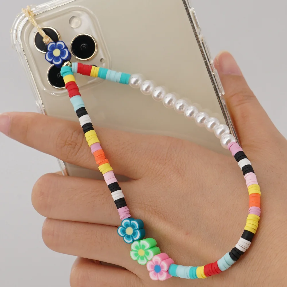 

Colorful cell phone chain fancy clay daisy flower pearl beaded mobile phone strap chains for women girls, Picture showed