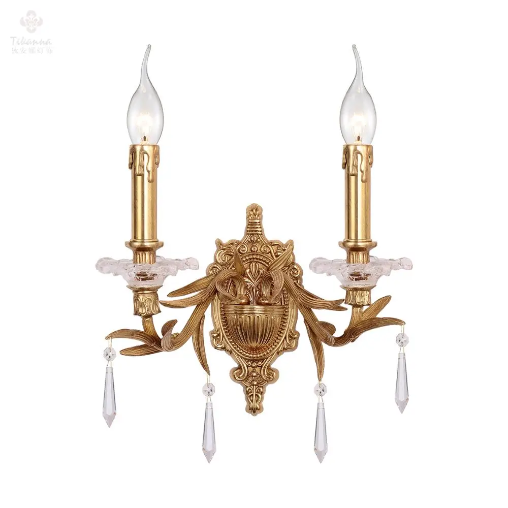 Luxury LED Classic Brass Leaf Creative Home Indoor E14 Crystal Candle Bedroom Wall Lamp