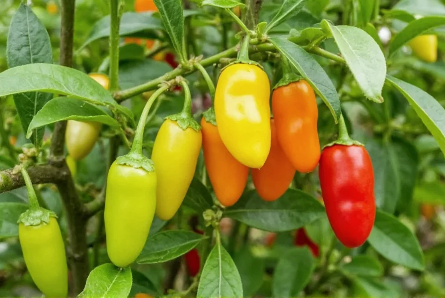 Close-up of Sweety Drop Pepper plants showing green, yellow, orange, and red fruits on the same plant