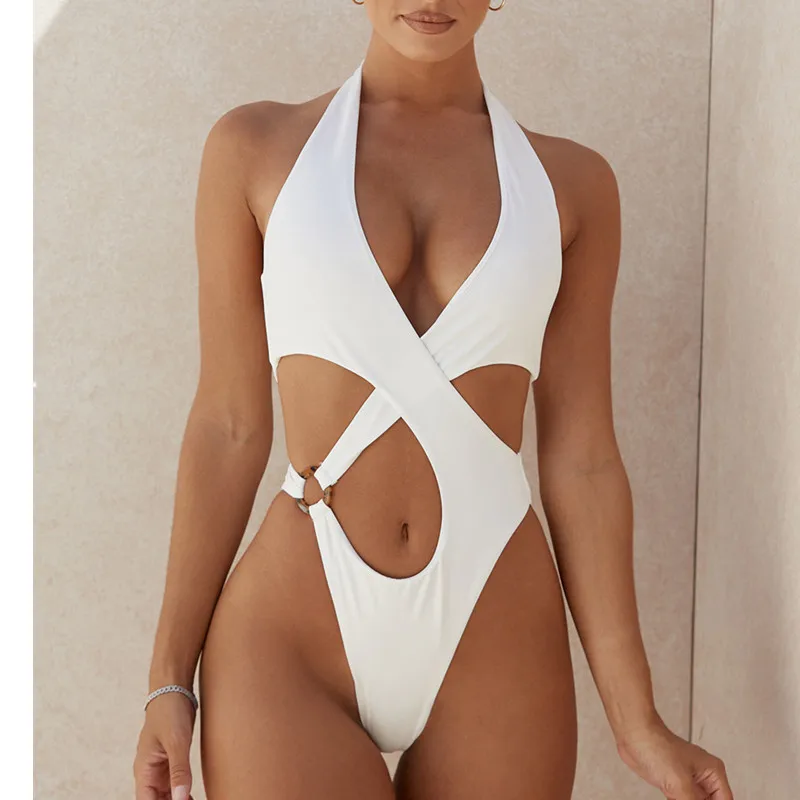 

Brazilian One Piece Swimsuit String Monokini 2021 Sexy Solid High Cut Bikini Bandeau Swimwear Ring Chain Bodysuits Swimming Suit