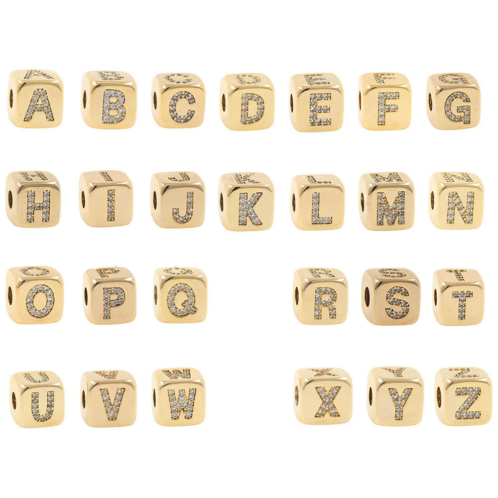

Gold Plated CZ Pave Brass Alphabet Letter Cube initial Beads For DIY Jewellery Accessories