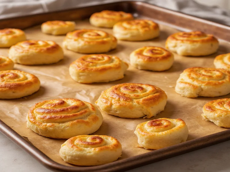 Homemade pizza rolls golden brown on baking sheet