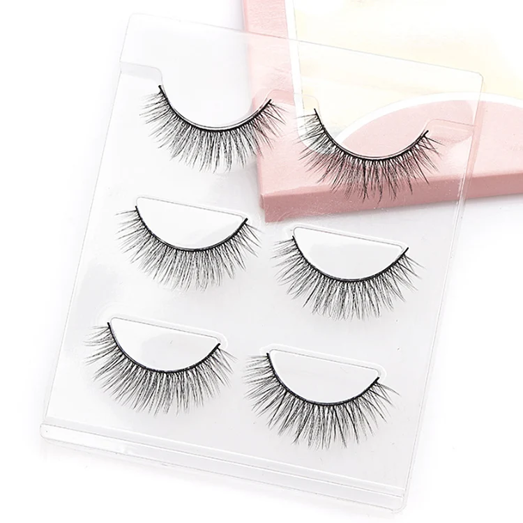 

Custom 3 Pairs Natural Wispy Vegan Mink Eyelash Set Vendor Whole Sale 13mm-15mm Thin Band 3d Faux Mink Lashes Kit With Box