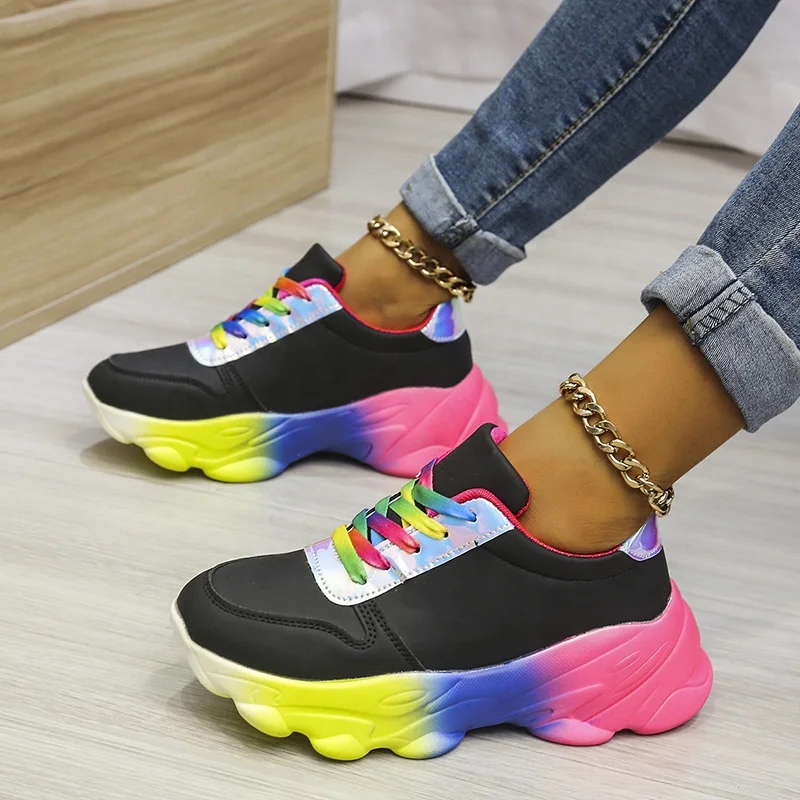 

2021 Breathable Ladies Sports Trainer Shoes Gym Casual Shoes Women Black Platform Sneakers, Black, white