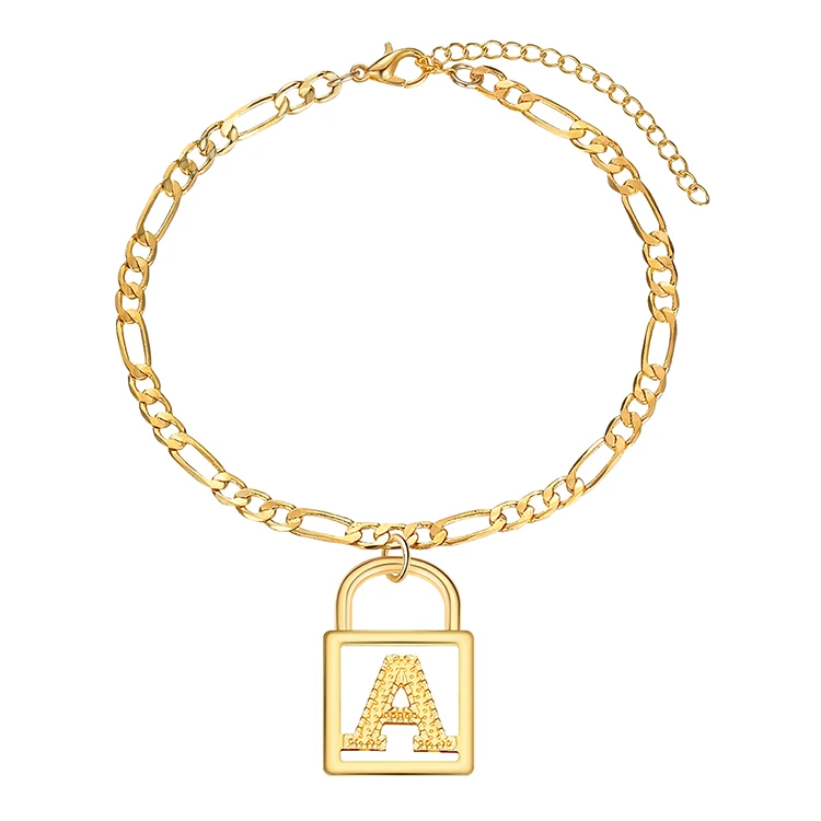 

Lock Shaped Initial Letter Charm Gold Figaro Link Chain Anklet Bracelets Dropshipping, Gold color