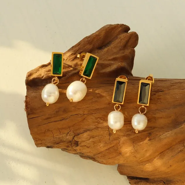 

New Green Crystal Dro Diamond Gold Plated Stainless Steel Baroque Pearl Green Zircon Hoop Earrings For Women Mother's Day, Gold/silver/rose gold