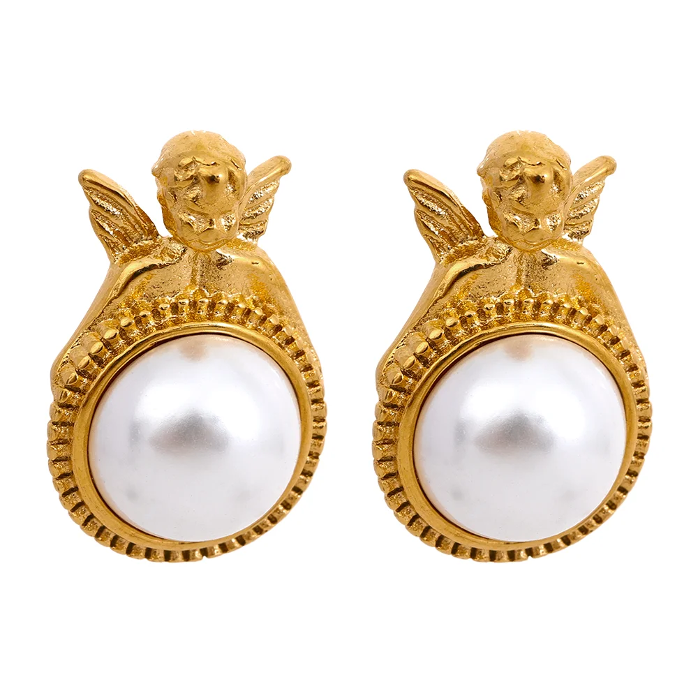 

JINYOU 567 Vintage Artificial Pearls Round Stainless Steel Angel Stud Earrings Elegant Jewelry Women Bijoux Mother's Gift