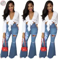 

9101209 new design washed ripped tassel flared Ladies Women Pants Jeans