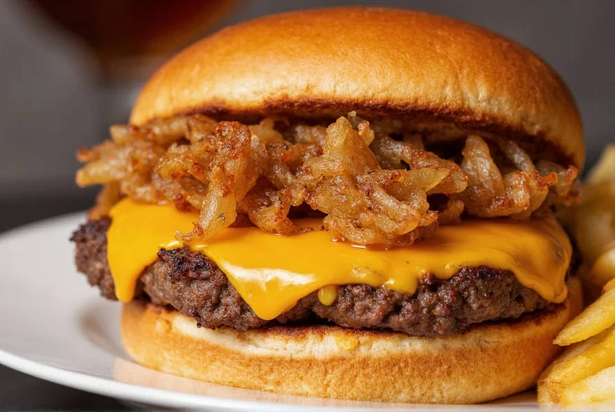 Ghost Pepper Whopper burger on white plate with side of fries, close-up showing melted pepper jack cheese and crispy onions