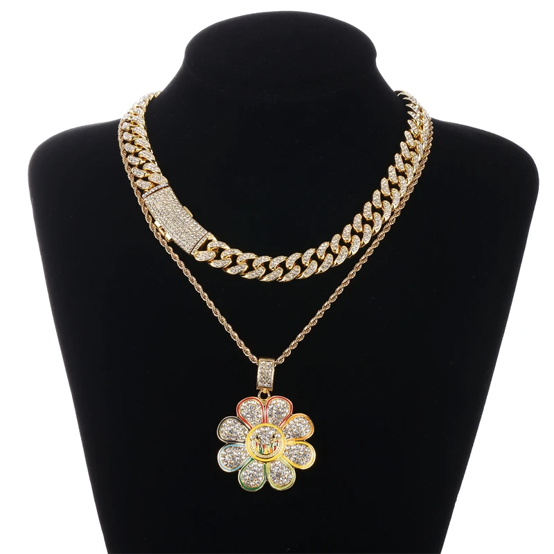 

Hip Hop beautiful sunflower Pendant with cuban chain Necklace set for Women Teen Girls