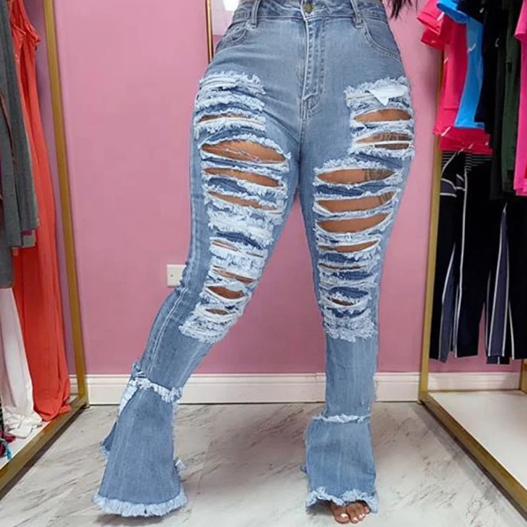

Hot Sale flare jeans high waisted pants for Women's with tassel and hole denim trousers fit slim bell bottom jeans, As picture or customized make