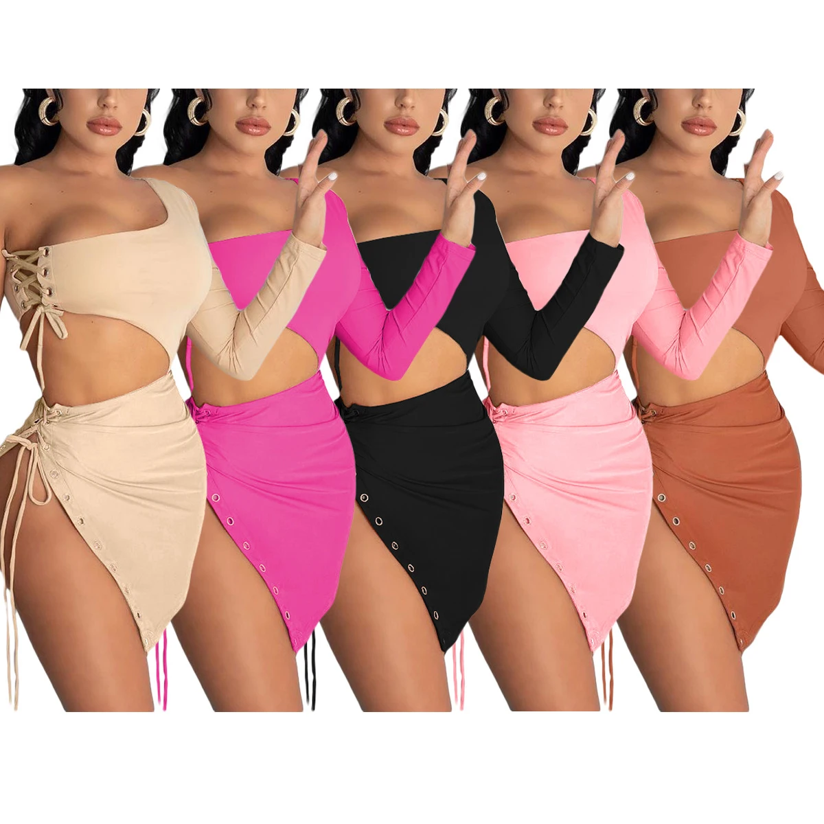 

FS2764D Fashion Sexy Outfits One Shoulder dress Summer Street wear Bandage Skirt Two Piece Set For Women