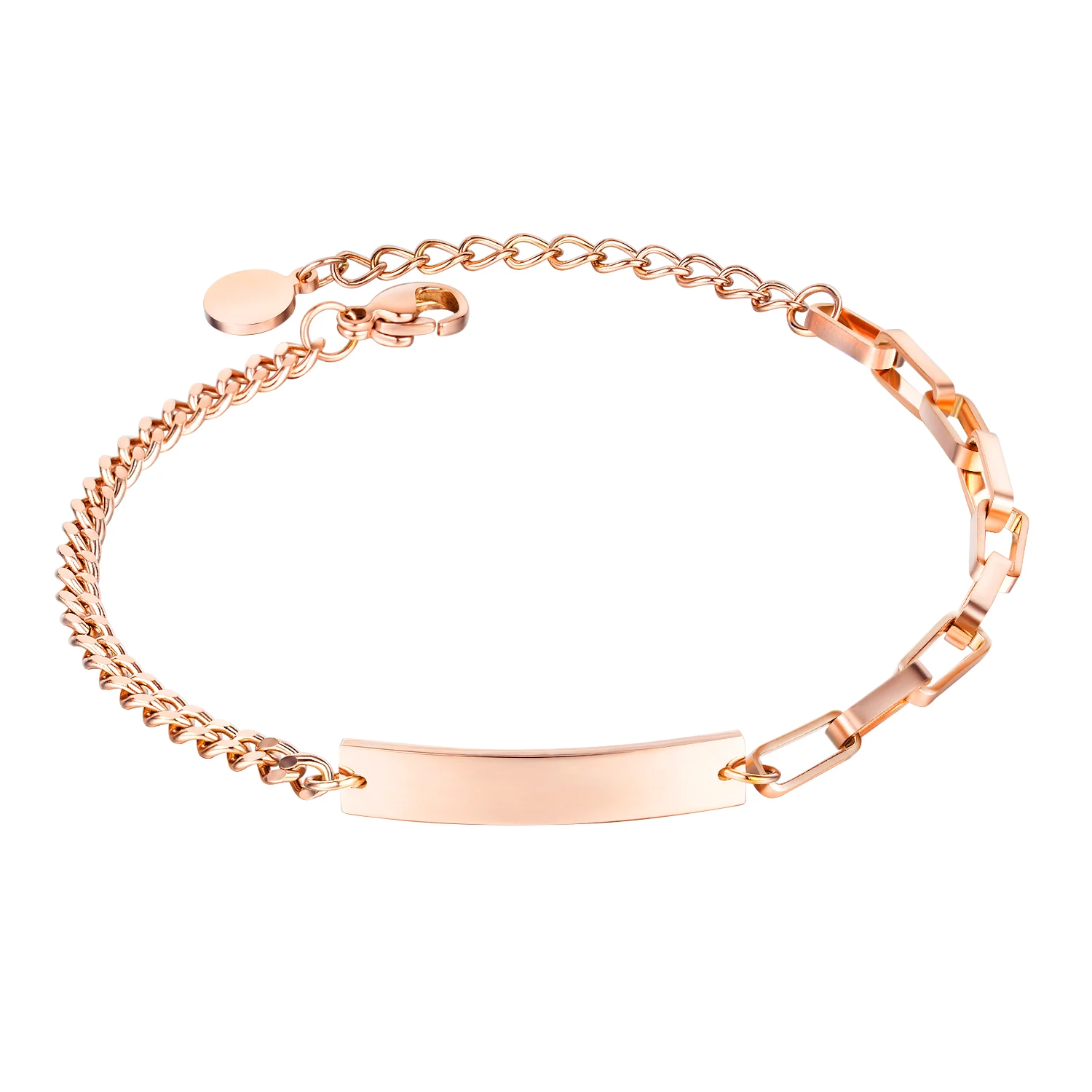 

Customized Rose Gold Plated Stainless Steel Link Chain Curved Bar Charm Bracelet for Women Gifts