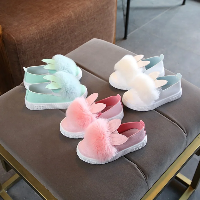 

New Autumn Children Shoes Girl Baby Shoes Pompom Rabbit Ear Non-slip Kids Leather Girls Shoes kids Fashion Sneakers