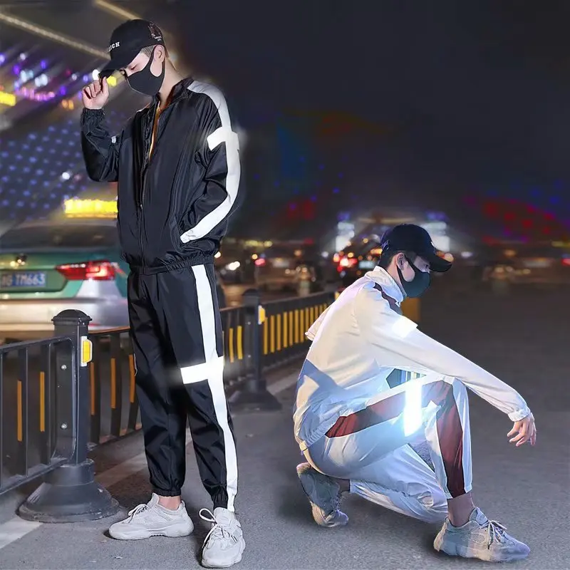 

2021 New Fashion LOGO Custom Leisure Sports reflective trousers suit Plus Size Hoodie Sweatsuit For Men Jogging Tracksuit