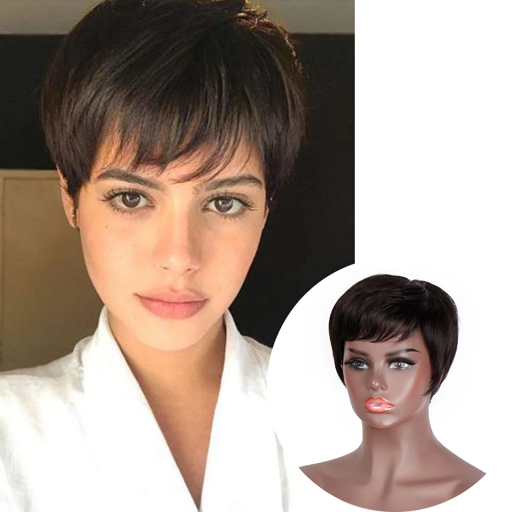 

High Quality Wholesale 100% Real Brazilian Raw Short Pixie Cut Natural Black Human Hair Wigs With Side Bangs For Black Women, Natural colors