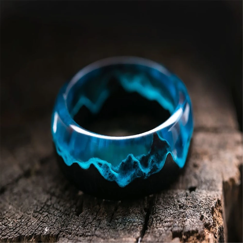 

2021Blue Resin Rings for Women Men Wood Resin Landscape Ring Male Natural Scenery Epoxy Resin Rings Female Finger Punk Jewelry