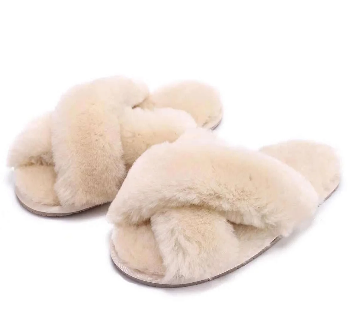 

Fashionable soft indoor home fluffy velvet real wool fur cross sheepskin open-toed women's slippers