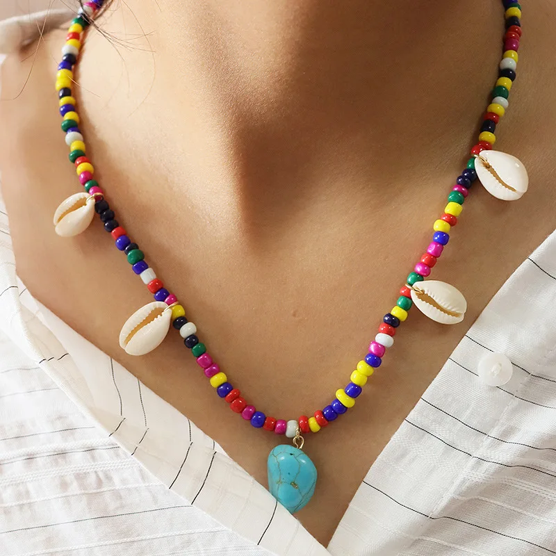 

JUHU New handmade measle rainbow beads shell chain necklace cute creative bead woven floral geometric beads jewelry wholesale, Gold/sliver
