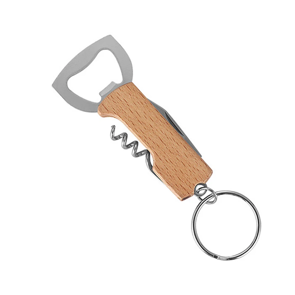 

Red Wine Corkscrew 3 In 1 Design Bar Keychain Wooden Beer Wine Bottle Opener With Engraved Logo, As the picture