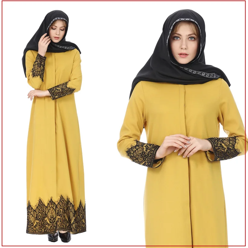 

Kimono Muslim Hijab Fabric Logo Material Closed Abayas Khimar New Model Dubai Abaya, Yellow& black