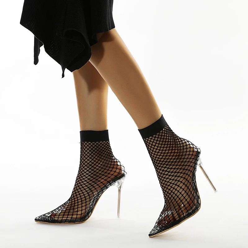 

101860DEleventh Shoes Woman New Arrivals 2020 Mesh Pointy Toe Ankle Heel Boots Stiletto Heels Sexy Ladies Dress Shoes Black