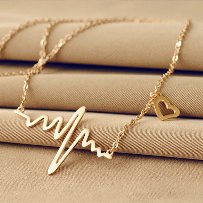 Wholesale Electrocardiogram Choker Necklace Jewelry Gold Plated Chain Heartbeat Pendant Heart Statement Necklace Nurse's Gifts