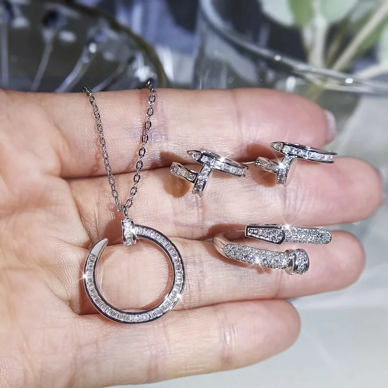 

New Personality Rivet Ring Set for Women Jewelry Zircon Earrings Necklace Adjustable Ring Set Wedding Jewelry, Customized color