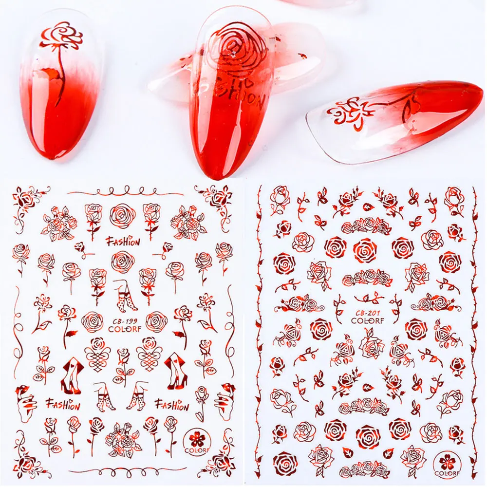 

Factory Wholesale Valentines Day Nail Slider Decals 3D Love Red Rose Laser Nail Sticker Home DIY Manicure Valentines Nail Art