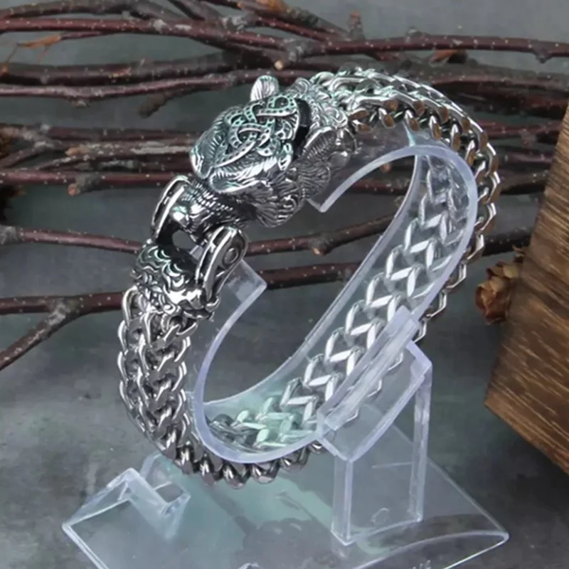 

2022 New Fashion Stainless Steel Punk Jewelry Franco Chain Bracelet Men's North Viking Pressing Head Wolf Bracelet, Silver