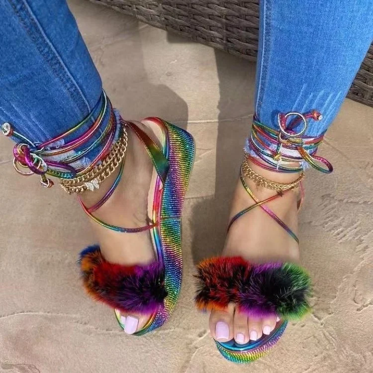 

Hot Sale Women Bling Pink Fur Sandals Crystal Jelly Rhinestone Rainbow Lace Up Sandals
