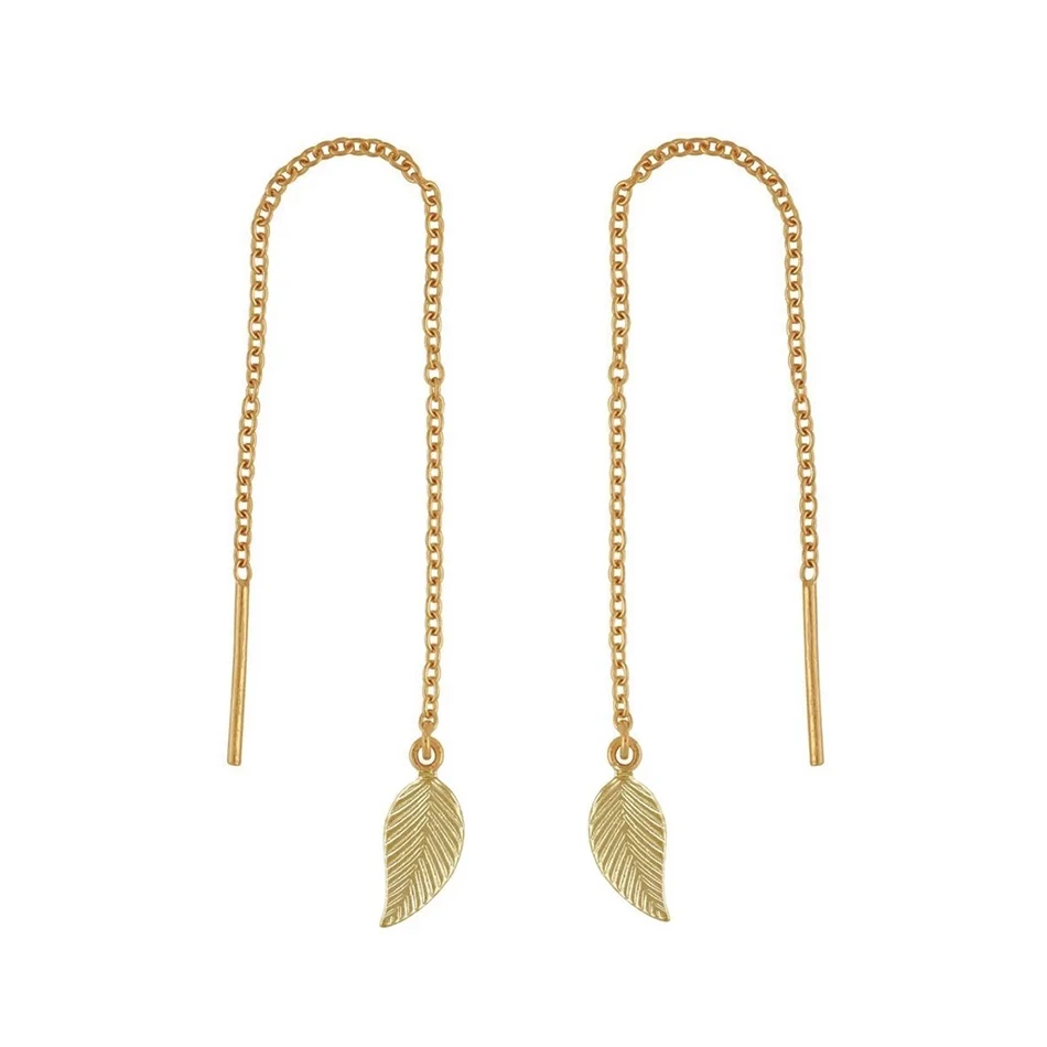 

for women high polish 14 Karat Gold Vermeil link chain earrings jewelry Stylish Golden Leaf Threader Earrings