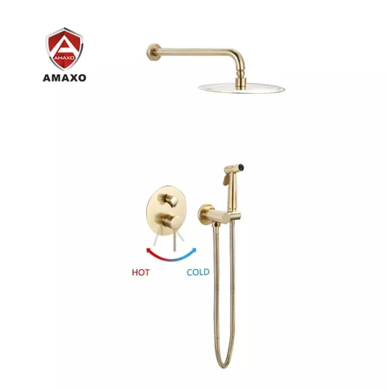 

Brushed Gold Bathroom Brass Rainfall Shower System Wall Mount Shower Set Shower Mixer Faucet Set