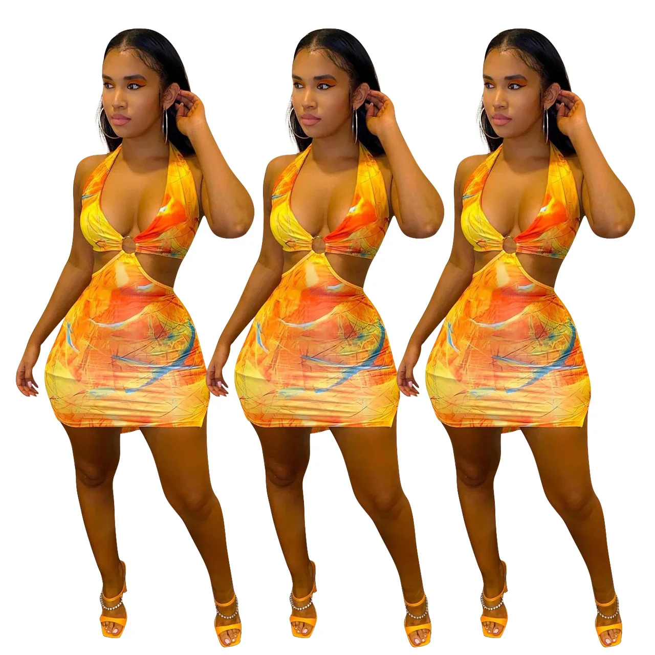 

YD1013 European and American women's fashion sexy print split halterneck dress, Picture color