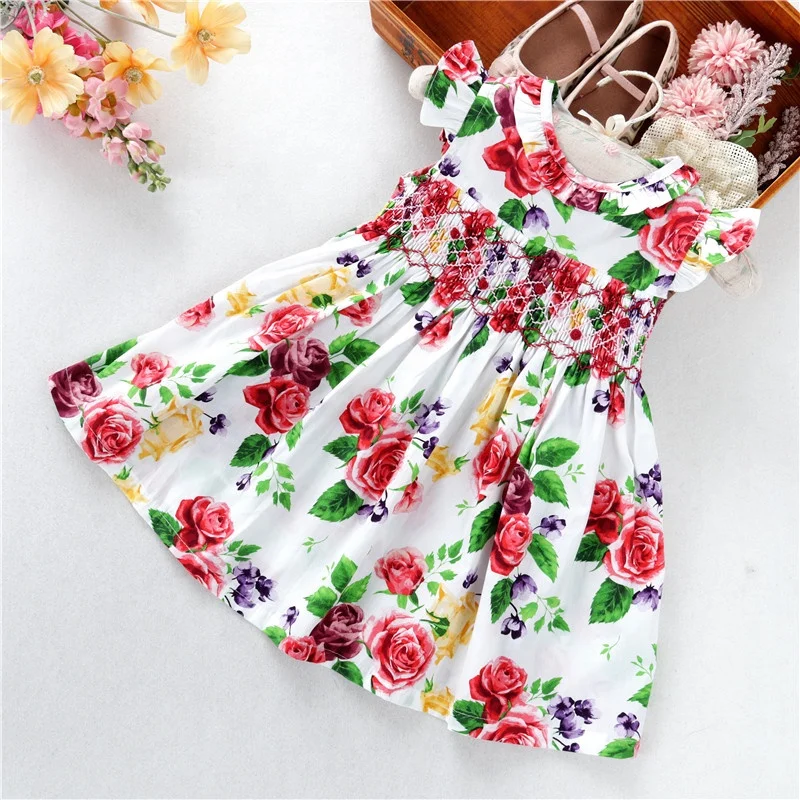 

C042164 summer flower girls smocked dresses smocking floral ruffles cotton hand made embroidery kids clothing wholesale