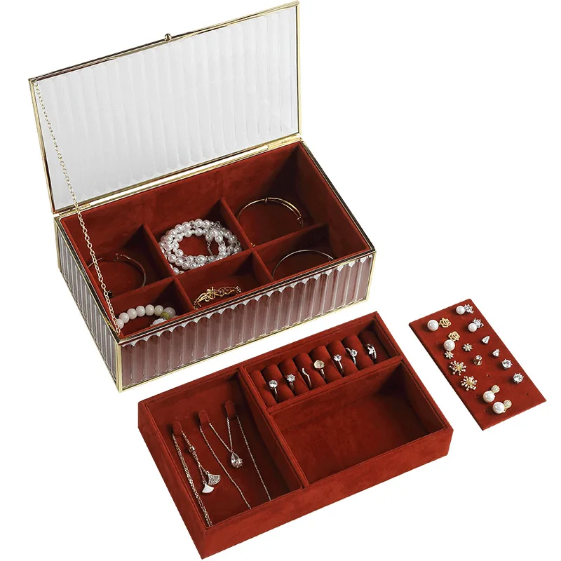 

Hot New Fashion elegant luxury classical double layer flannel separated satin metal clear glass jewelry box, Customized color