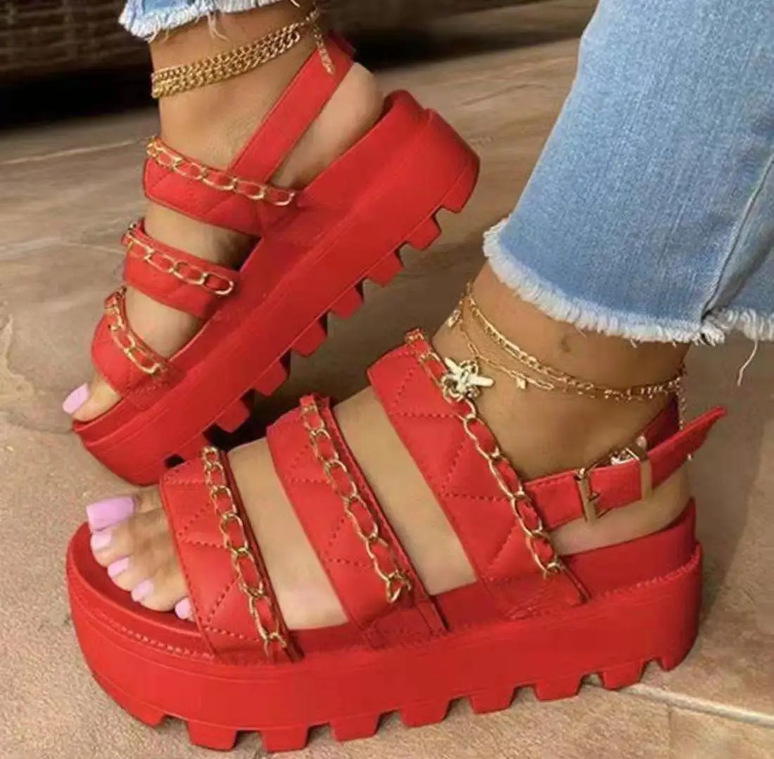 

LFZ-425 Plus Size Women Platform Sandals 2021 Metal Chain Summer Sandals Femme Shoes Women Sandals For Women And Ladies