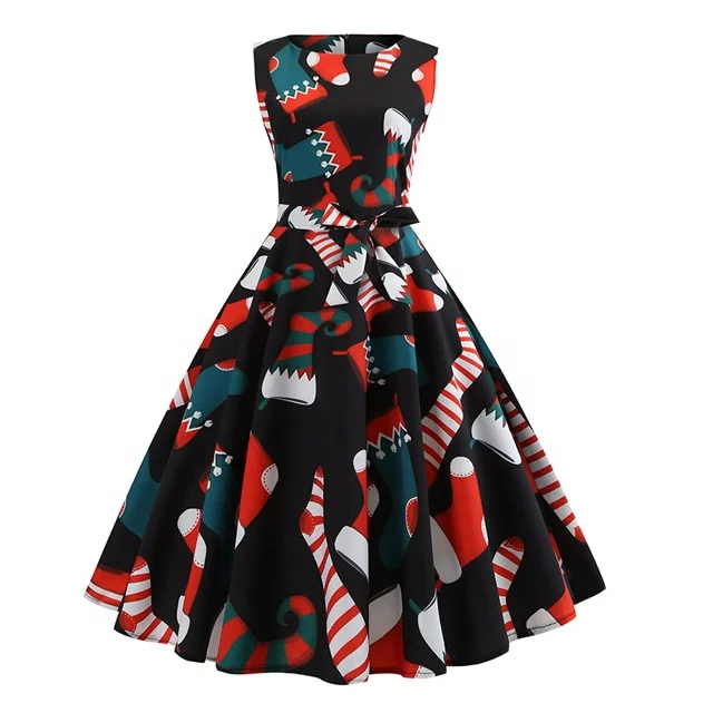 

Women's Christmas Party Print Vintage Sleeveless Party Flared Girls A Line Casual Dresses with Belt, Customized color