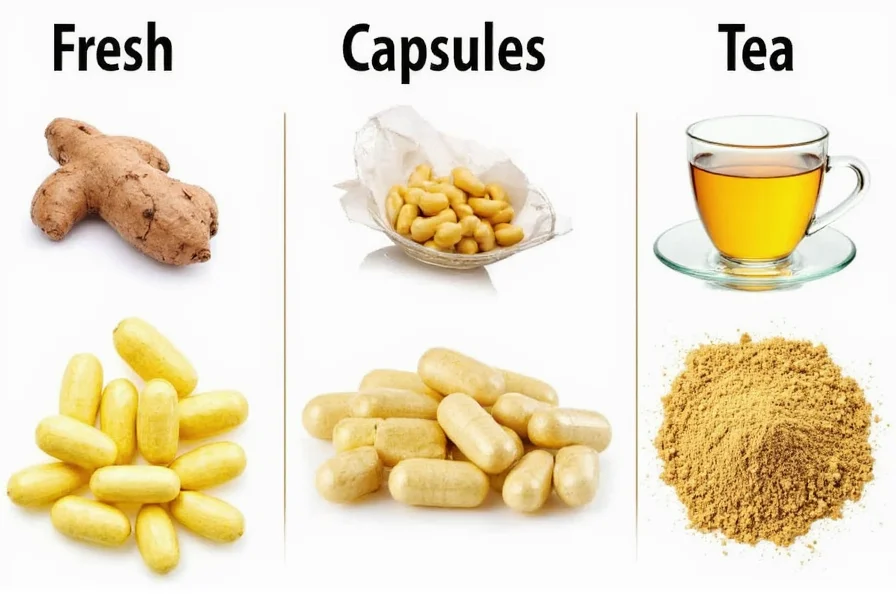 Comparison of different ginger consumption methods including fresh root, tea, capsules, and powder